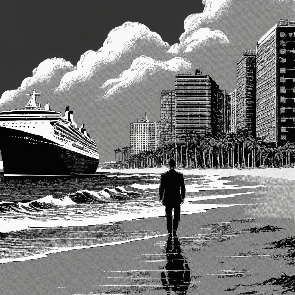 03026-2090609488-_lora_Macpaint-XL-000015_1_, Macpaint, a black and white pixel image of a man standing on the beach with waves and a cruiseship.png